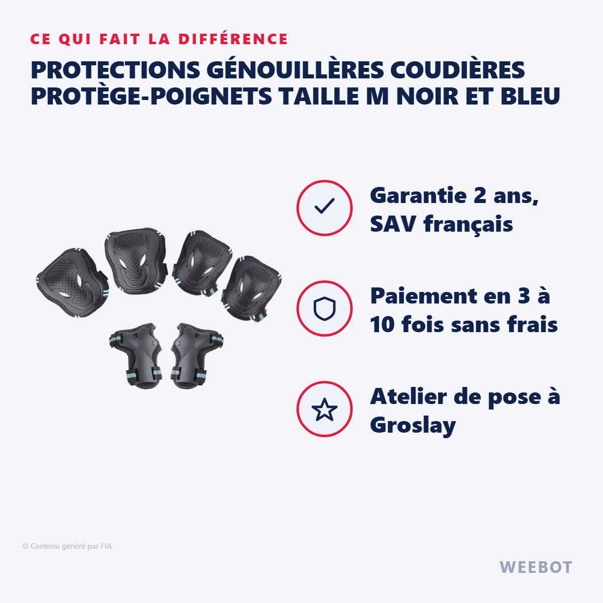 Protections Génouillères Coudières Protège-Poignets Taille M Noir et Bleu : les points forts