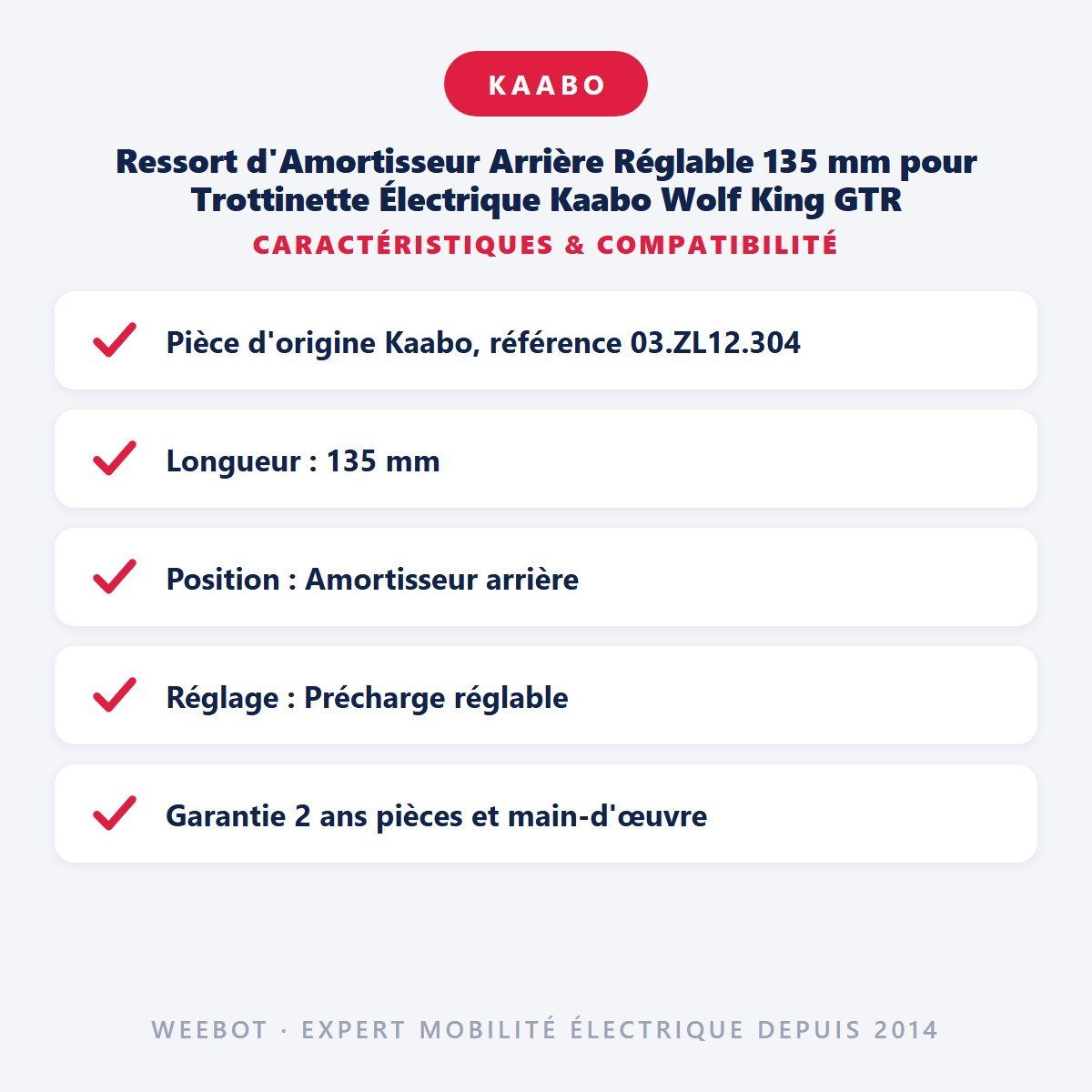 Ressort d'Amortisseur Arrière Réglable 135 mm pour Trottinette Électrique Kaabo Wolf King GTR - Weebot