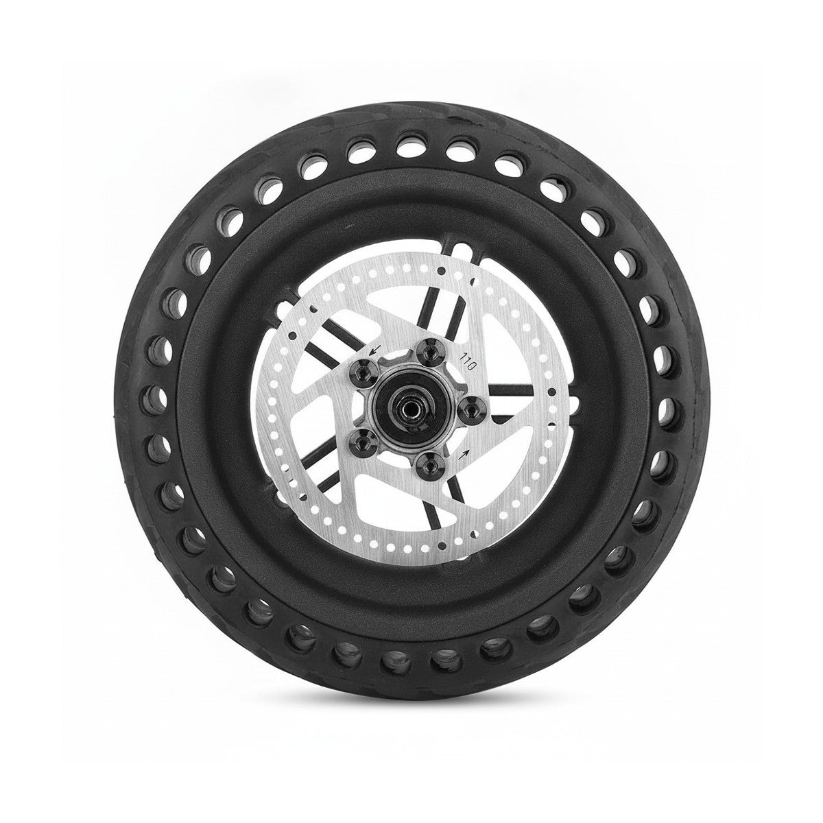 Roue arrière complète avec pneu plein alvéolé noir et disque de frein 110 mm