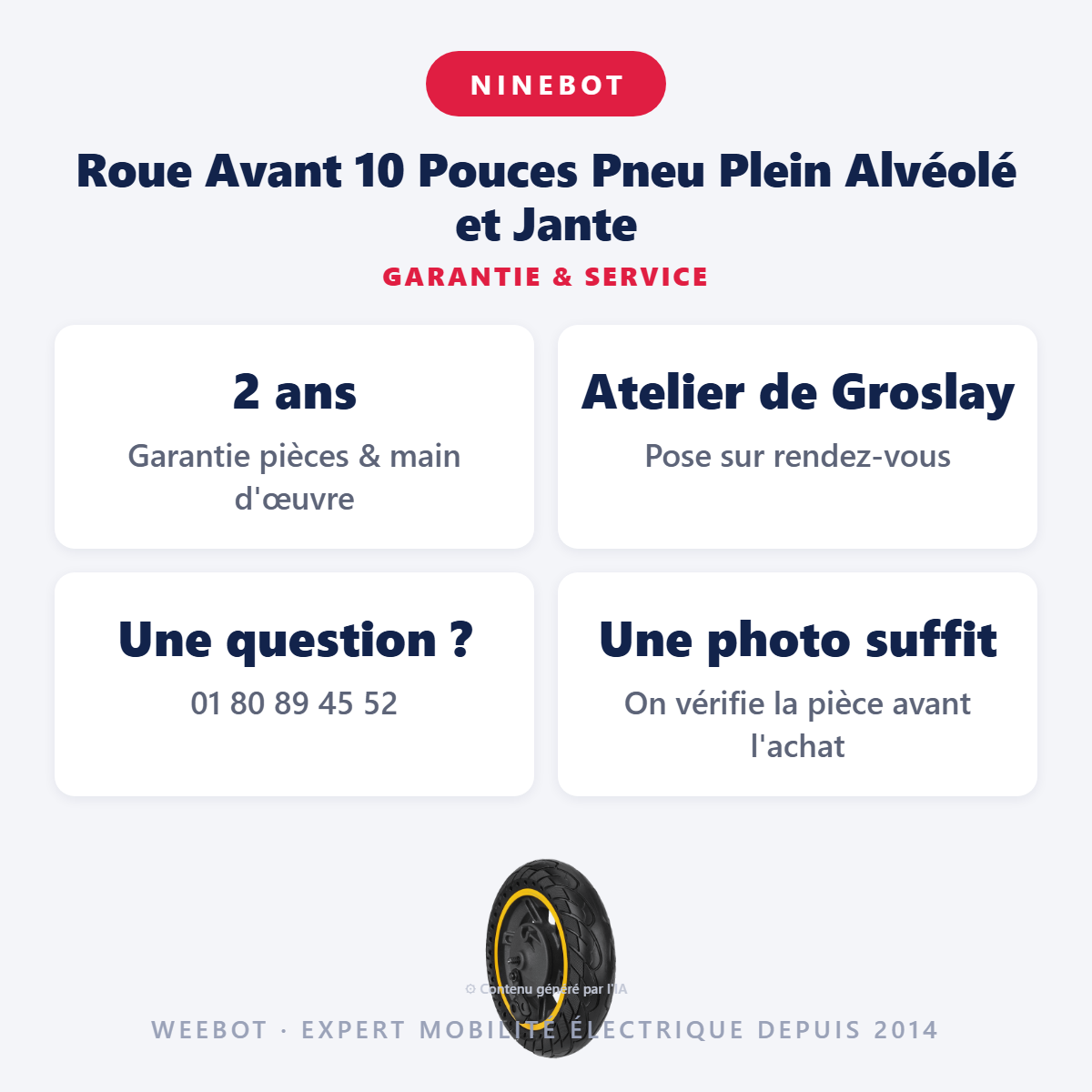Roue Avant 10 Pouces Pneu Plein Alvéolé et Jante : garantie 2 ans et service après-vente