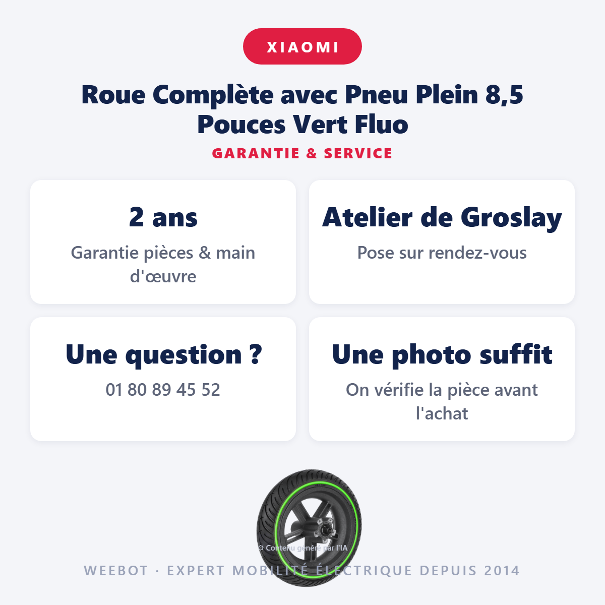 Roue Complète avec Pneu Plein 8,5 Pouces Vert Fluo : garantie 2 ans et service après-vente