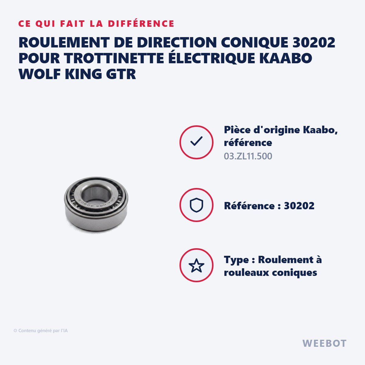 Roulement de Direction Conique 30202 pour Trottinette Électrique Kaabo Wolf King GTR - Weebot