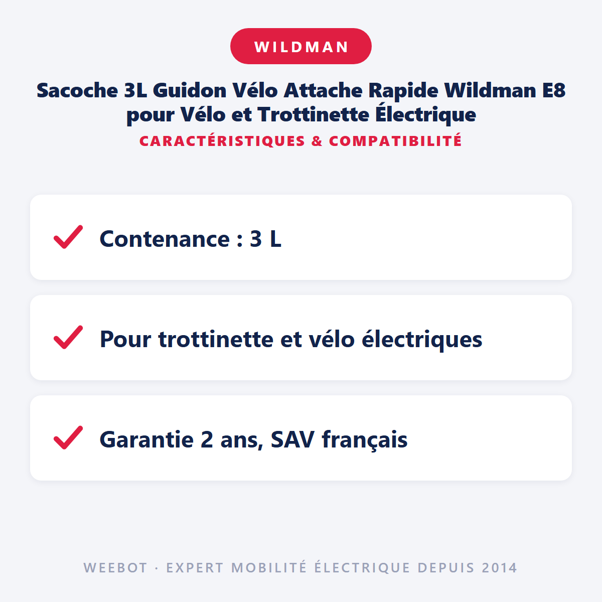 Sacoche 3L Guidon Vélo Attache Rapide Wildman E8 pour Vélo et Trottinette Électrique : caractéristiques et compatibilité