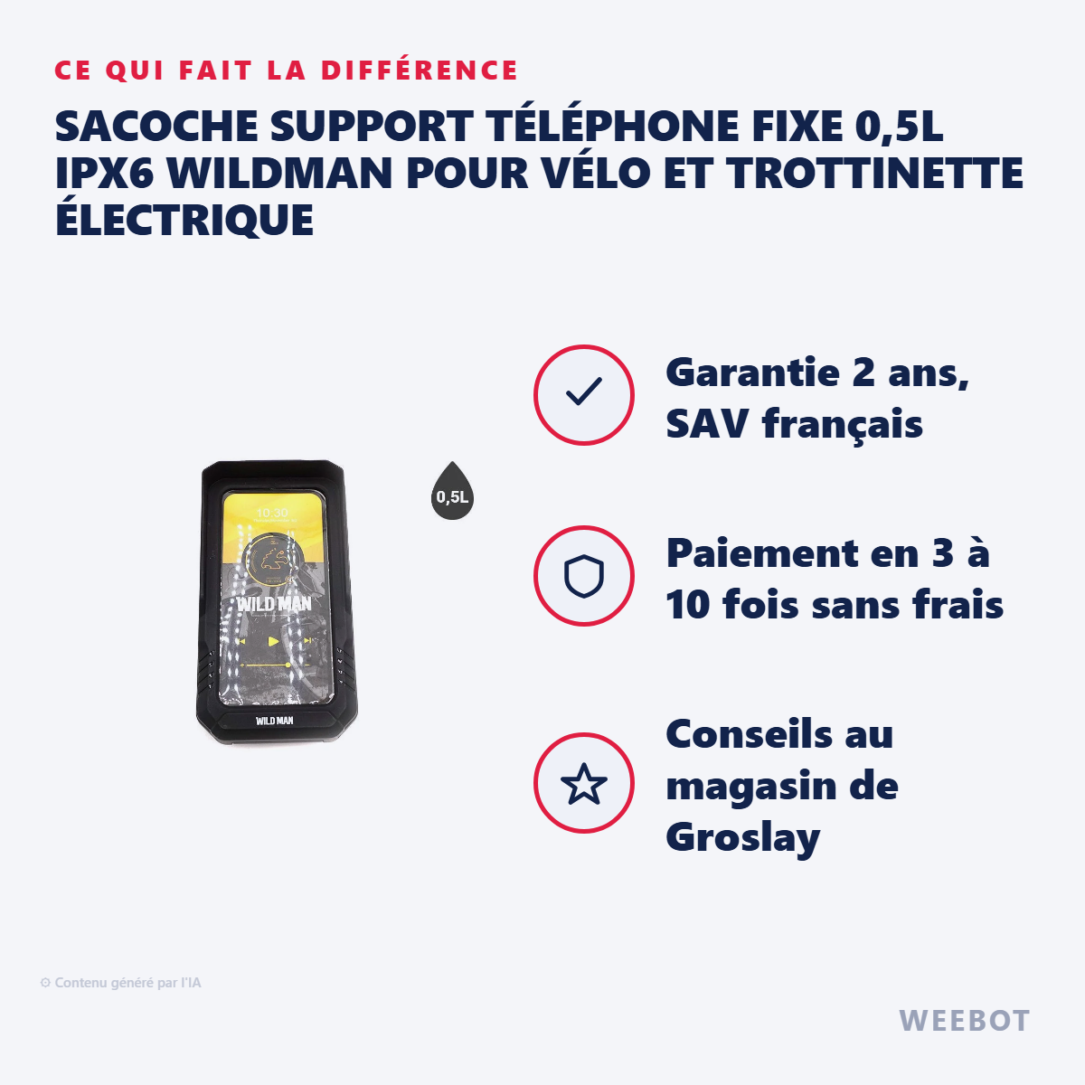 Sacoche Support Téléphone Fixe 0,5L IPX6 Wildman pour Vélo et Trottinette Électrique : les points forts