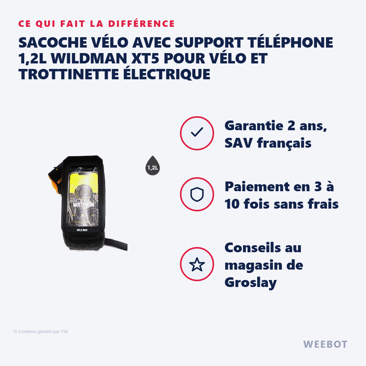 Sacoche Vélo avec Support Téléphone 1,2L Wildman XT5 pour Vélo et Trottinette Électrique : les points forts