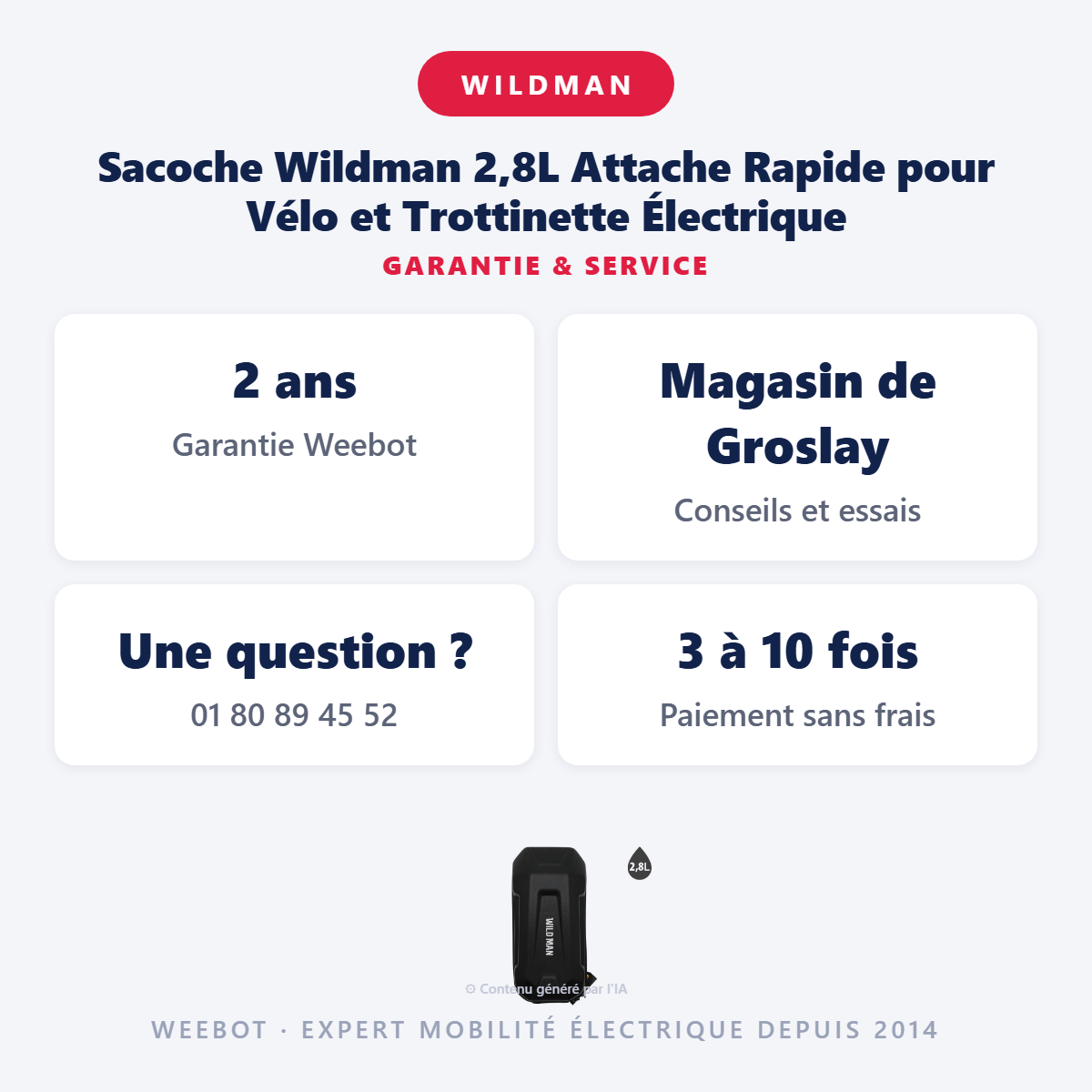 Sacoche Wildman 2,8L Attache Rapide pour Vélo et Trottinette Électrique : garantie 2 ans et service après-vente