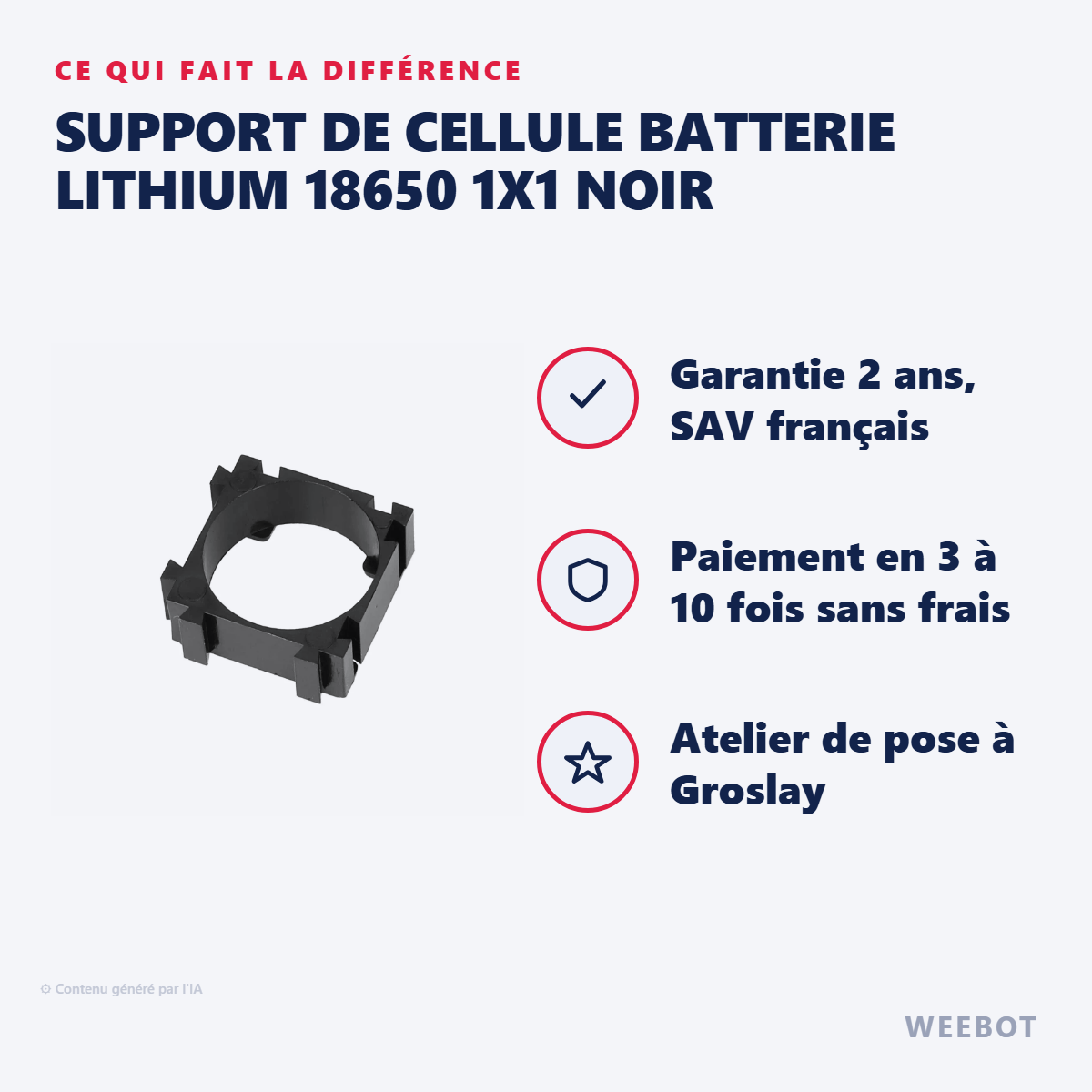 Support de Cellule Batterie Lithium 18650 1x1 Noir : les points forts