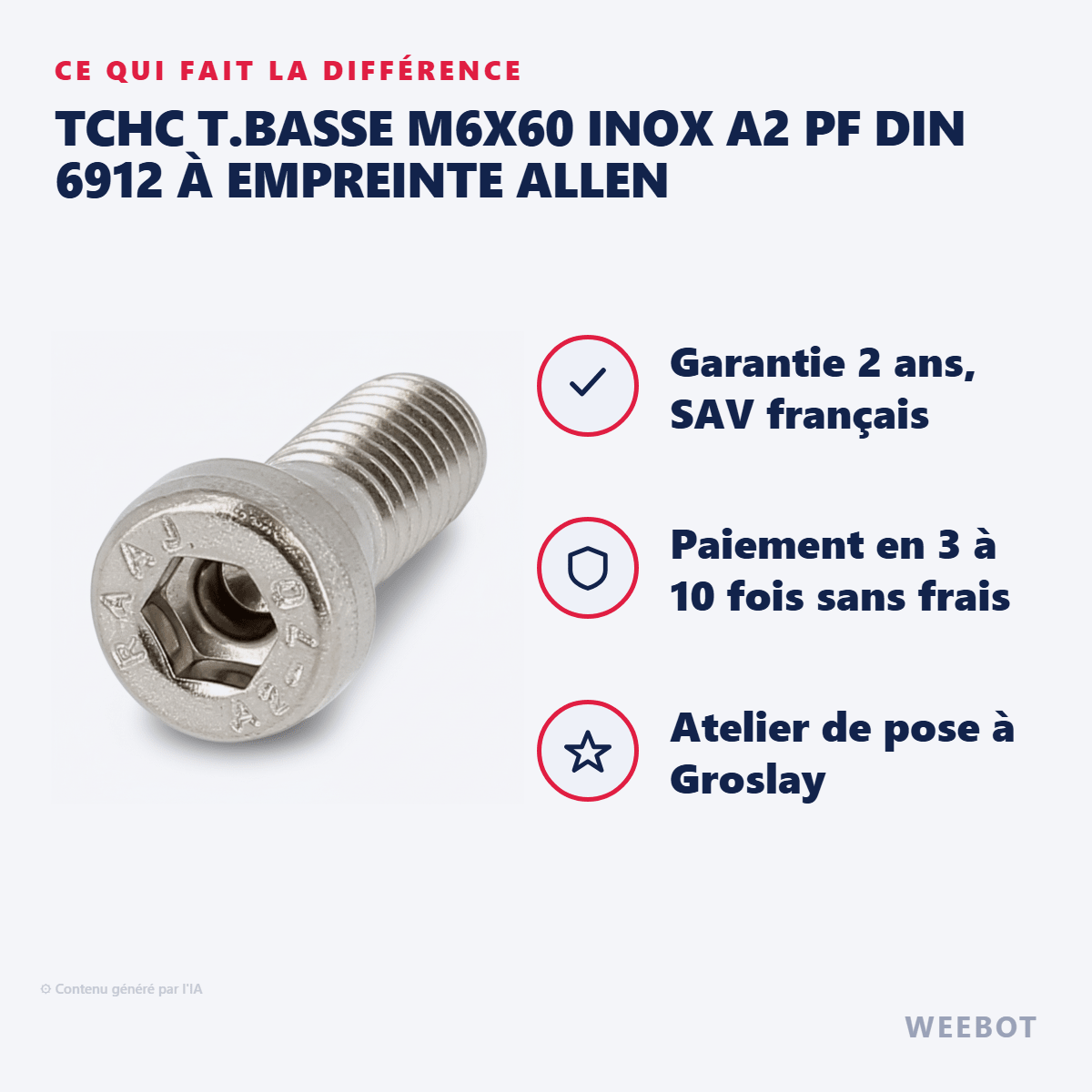 TCHC T.BASSE M6X60 INOX A2 PF DIN 6912 à Empreinte Allen (unité) - Weebot