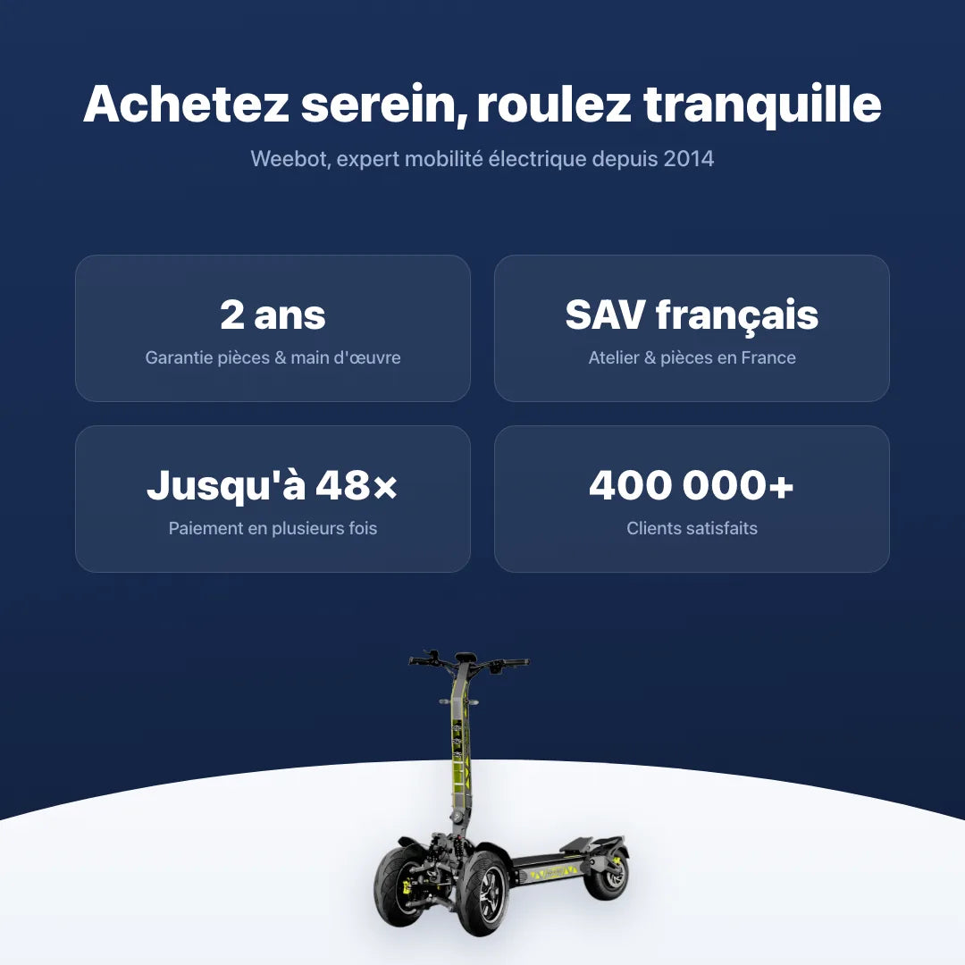Trottinette Électrique Langfeite 3 Roues GT3 — garantie, livraison rapide et SAV Weebot, expert mobilité électrique depuis 2014.