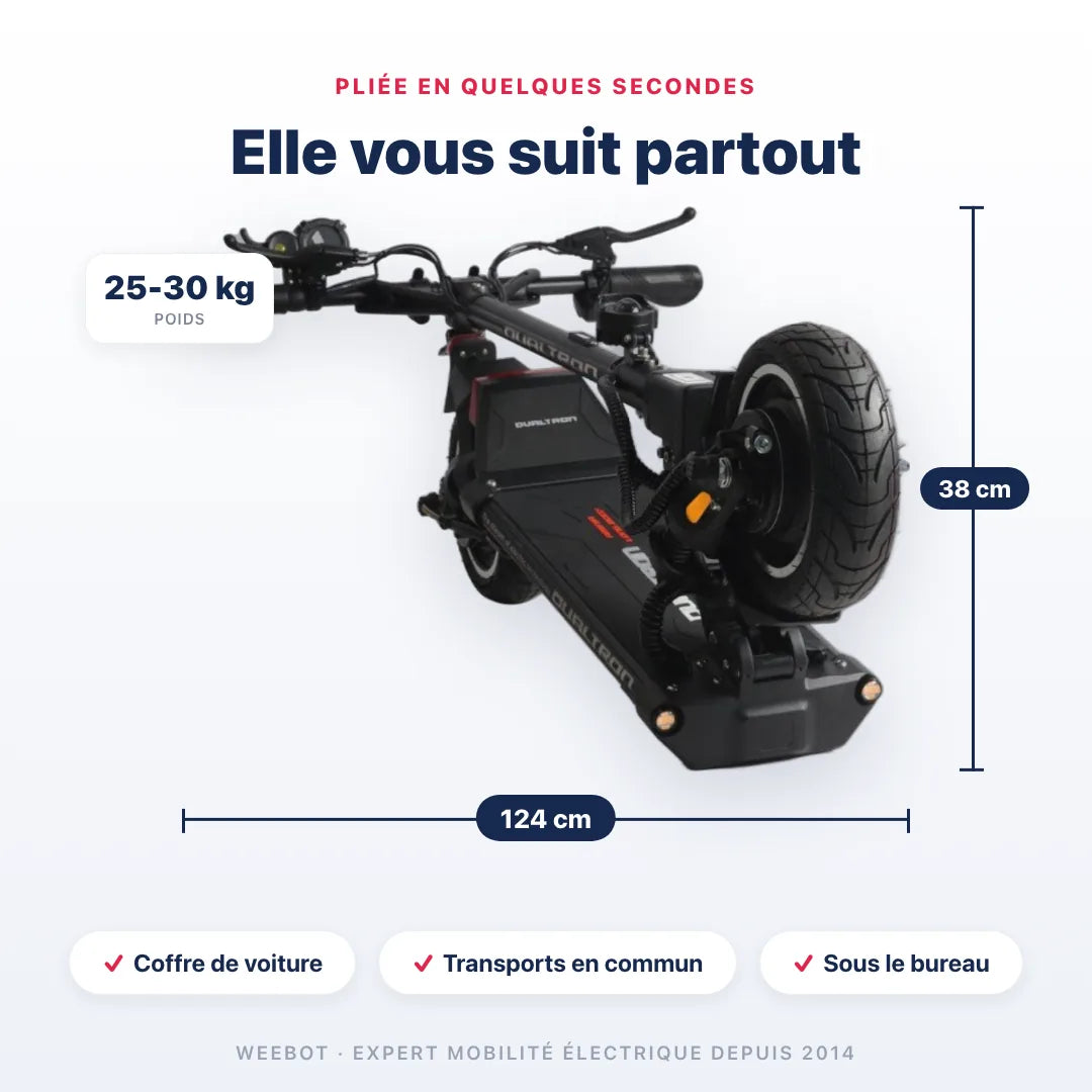 Trottinette Électrique Dualtron Aminia pliée — dimensions 124 cm, poids 25 à 30 kg. Compact et transportable, Weebot.