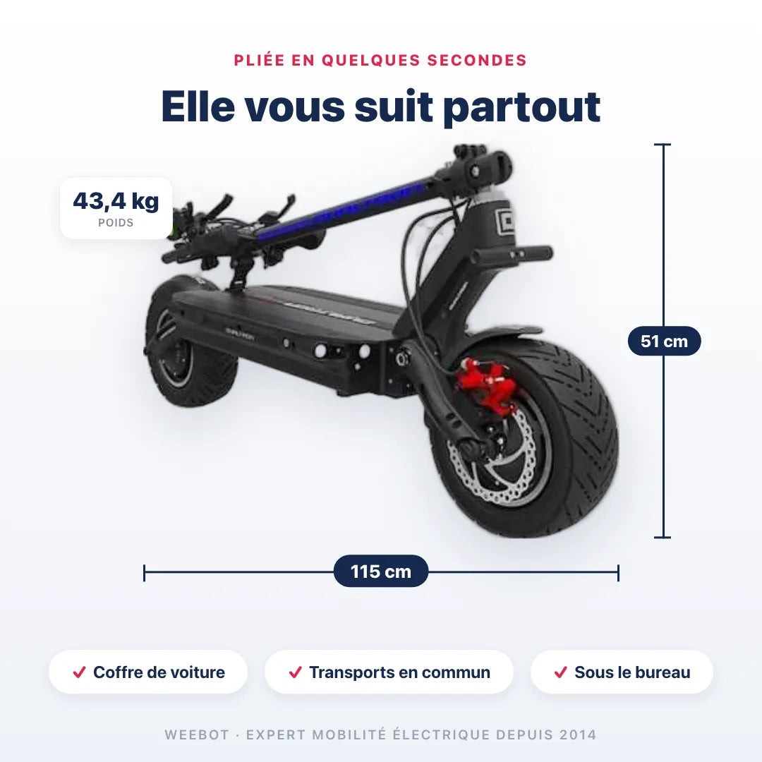 Trottinette Electrique Dualtron Thunder pliée — dimensions 115 cm, poids 43,4 kg. Compact et transportable, Weebot.