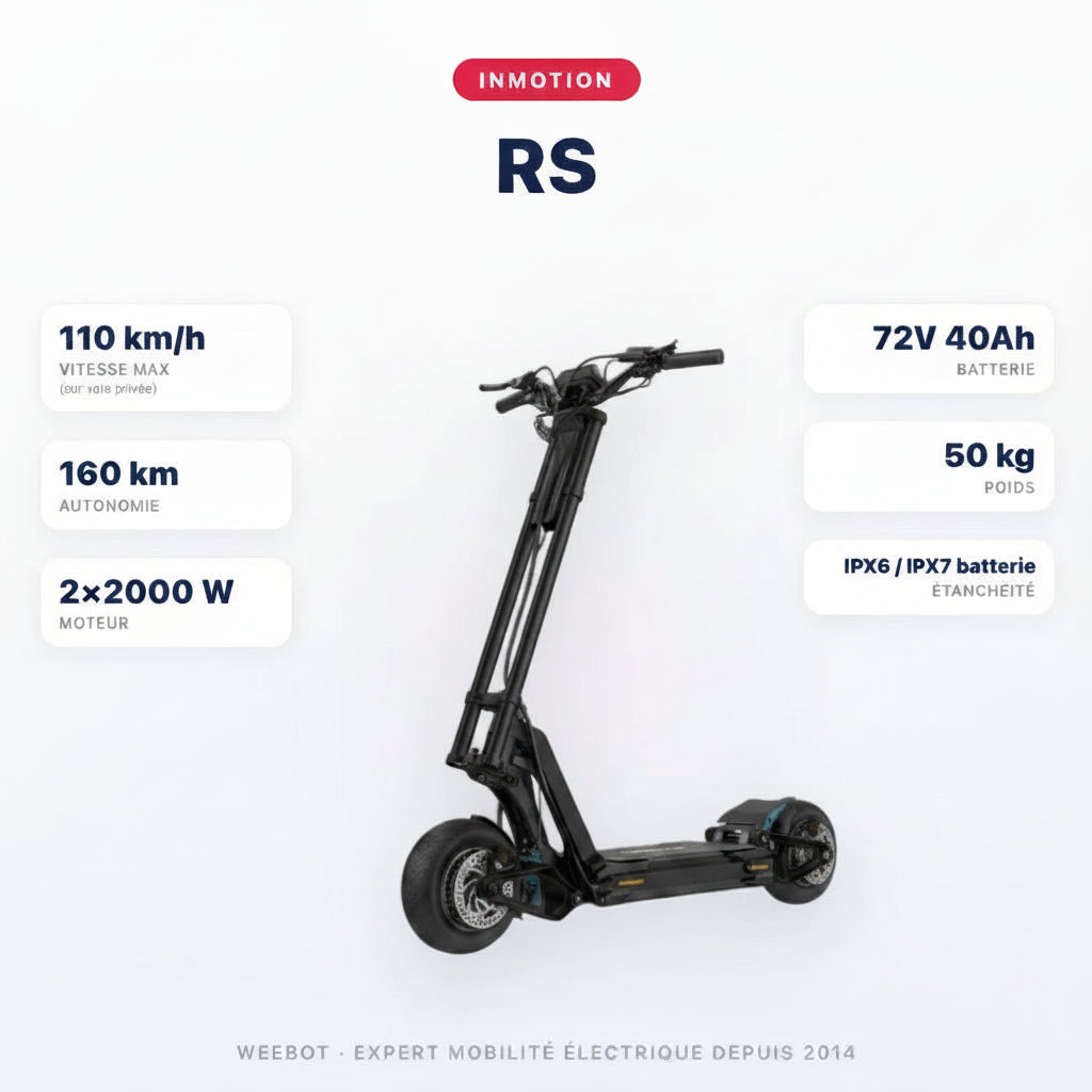 Trottinette Électrique Inmotion RS — caractéristiques : 110 km/h sur voie privée, autonomie 160 km, moteur 2×2000 W, batterie 72V 40Ah, 50 kg. Trottinette électrique Inmotion chez Weebot.