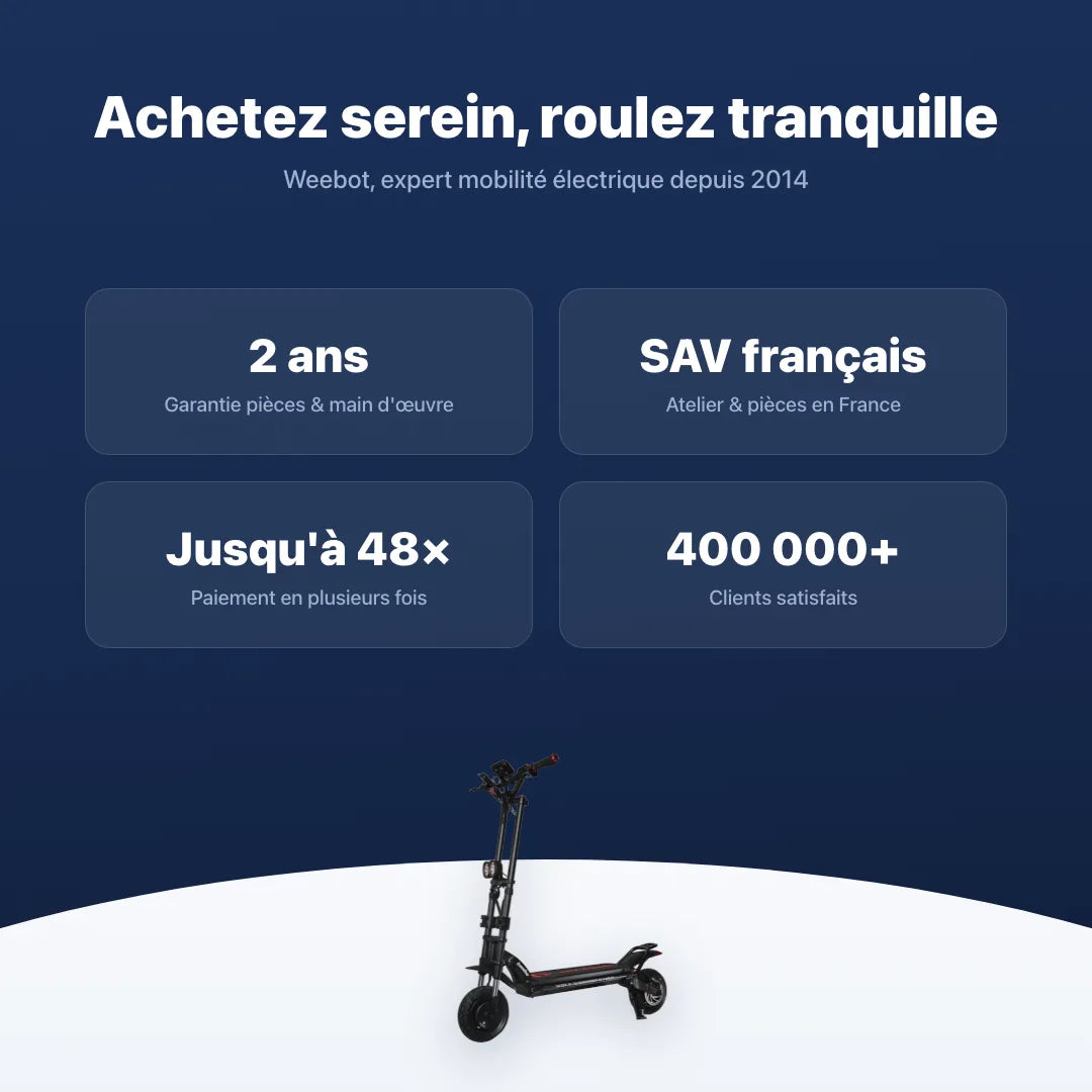 Trottinette Électrique Kaabo Wolf Warrior X Max — garantie, livraison rapide et SAV Weebot, expert mobilité électrique depuis 2014.