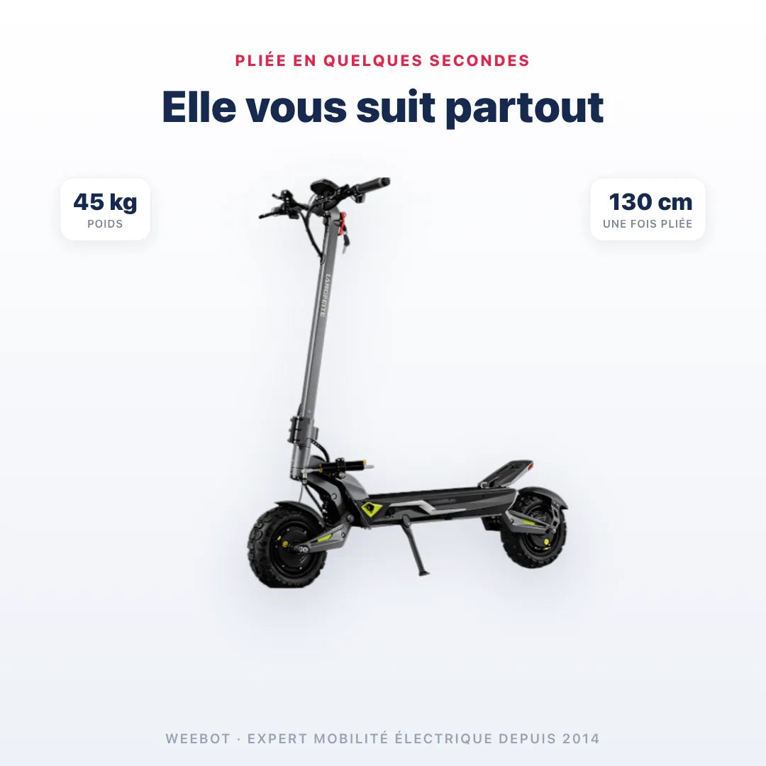 Trottinette Électrique Langfeite C1 pliée — dimensions 130 cm, poids 45 kg. Compact et transportable, Weebot.