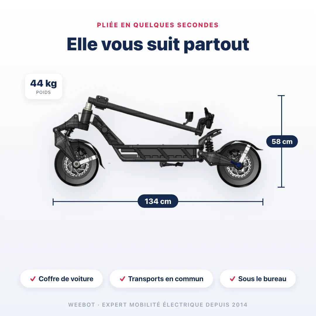 Trottinette Électrique Nami Blast Max pliée — dimensions 134 cm, poids 44 kg. Compact et transportable, Weebot.
