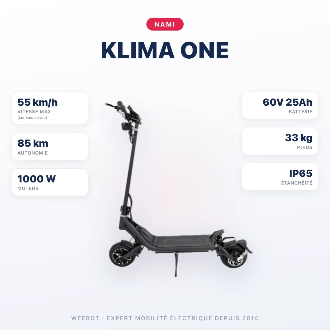 Trottinette Électrique Nami Klima One — caractéristiques : 55 km/h sur voie privée, autonomie 85 km, moteur 1000 W, batterie 60V 25Ah, 33 kg. Trottinette électrique Nami chez Weebot.