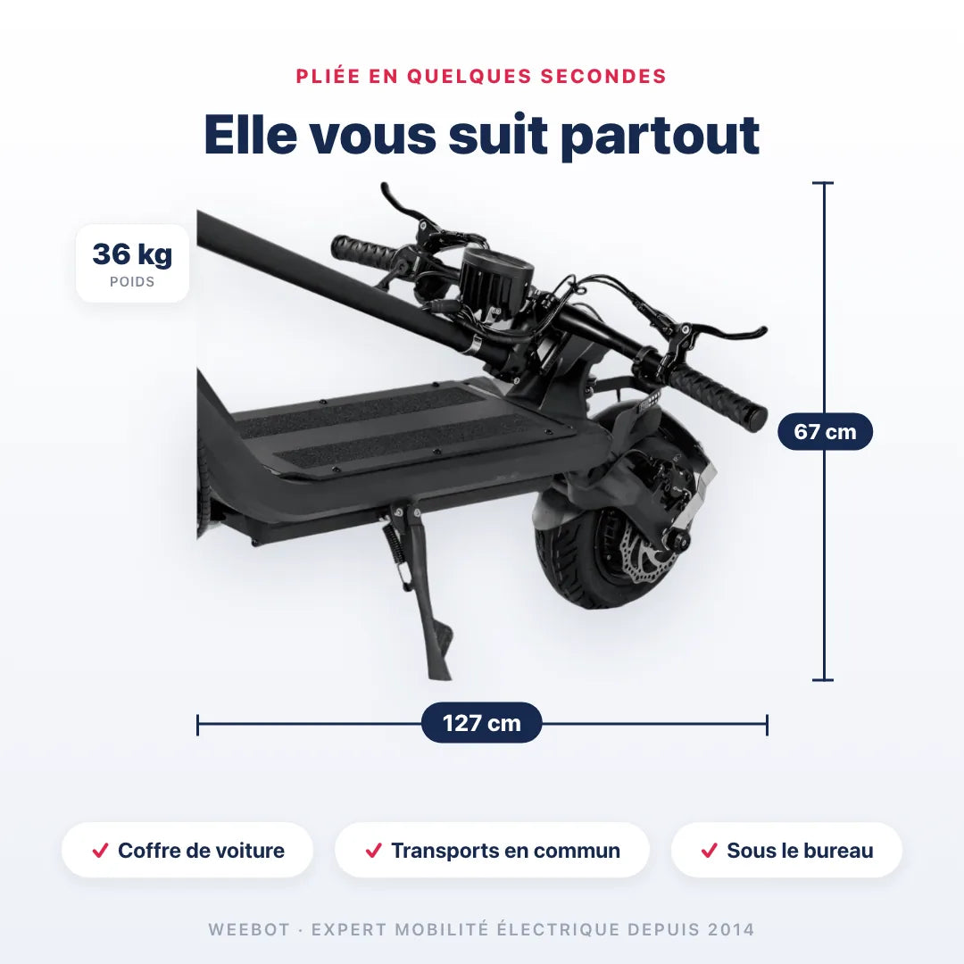 Trottinette Électrique Nami Klima pliée — dimensions 127 cm, poids 36 kg. Compact et transportable, Weebot.