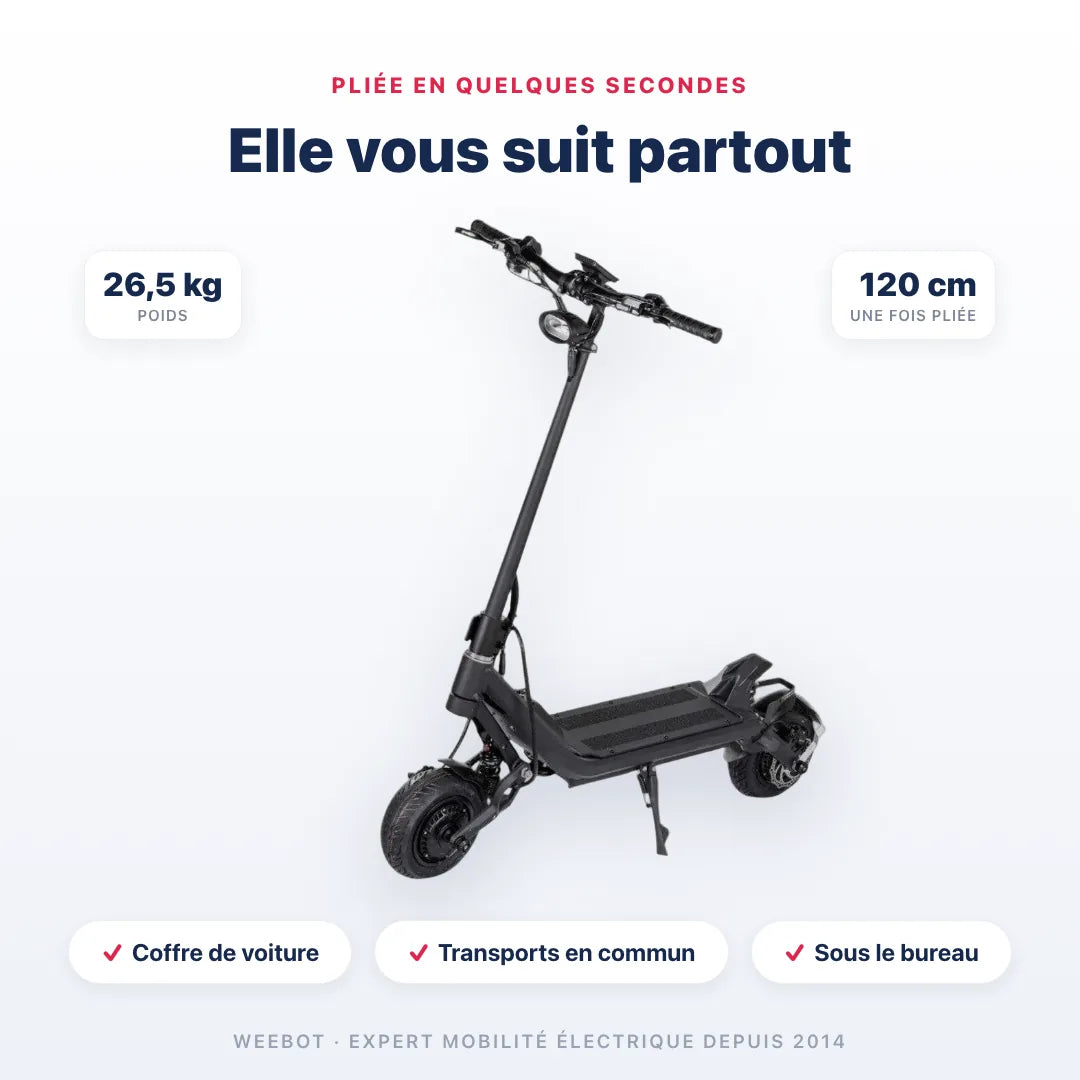 Trottinette Électrique Nami Stellar pliée — dimensions 120 cm, poids 26,5 kg. Compact et transportable, Weebot.