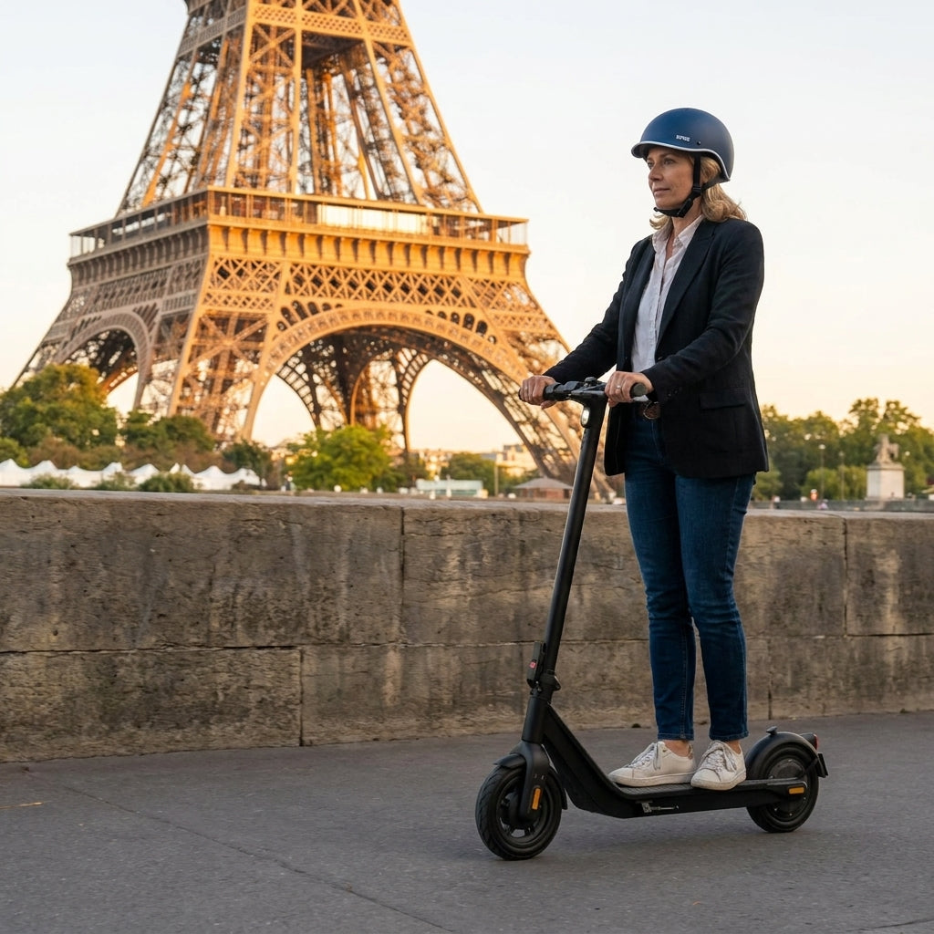 Trottinette Électrique Occasion Inmotion Air : Reconditionnée — sur les quais de Seine, Tour Eiffel en arrière-plan