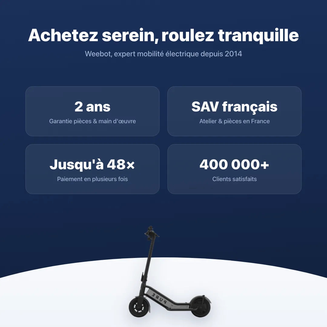 Trottinette Électrique Pure Air Escape — garantie, livraison rapide et SAV Weebot, expert mobilité électrique depuis 2014.