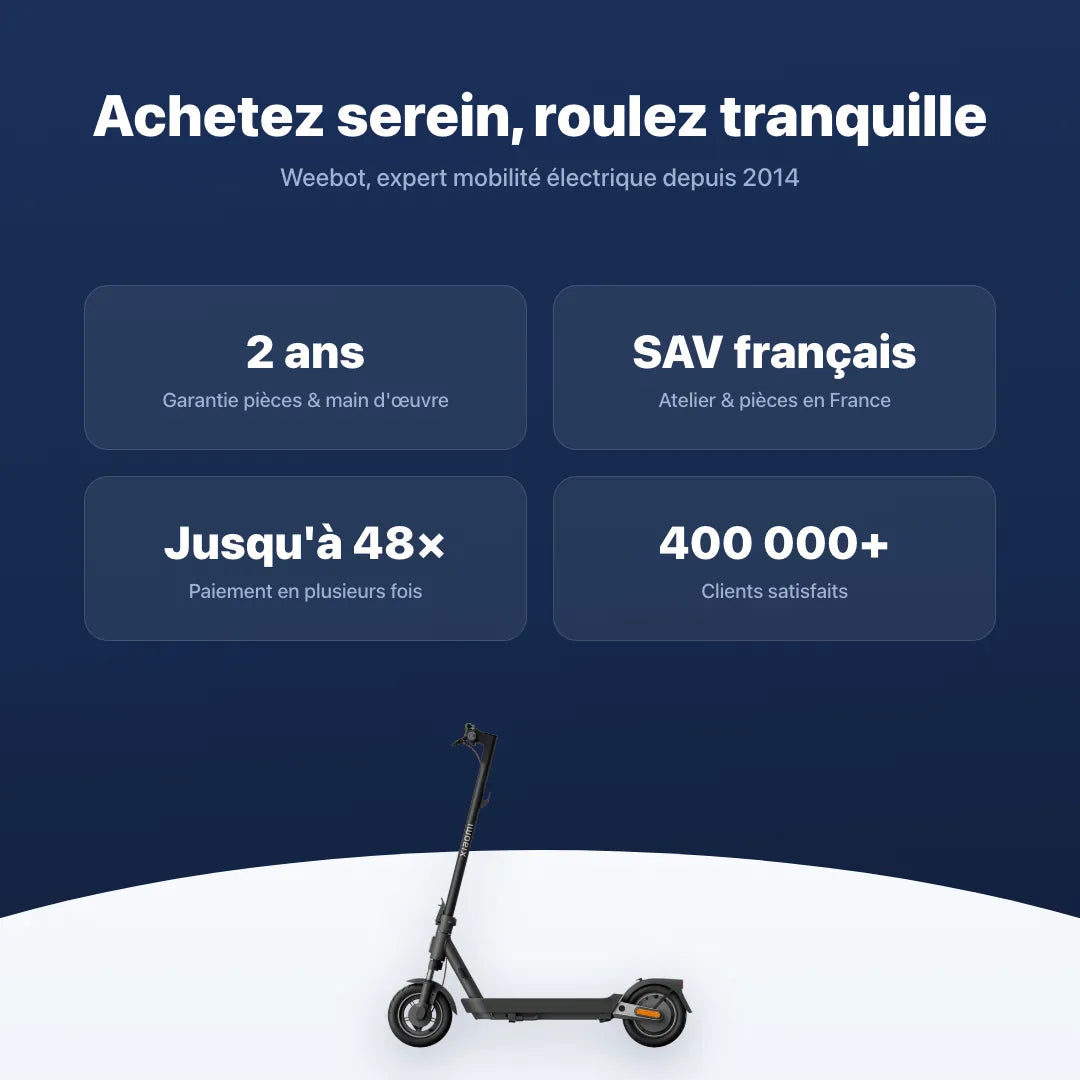 Trottinette Électrique Xiaomi 5 Pro — garantie, livraison rapide et SAV Weebot, expert mobilité électrique depuis 2014.