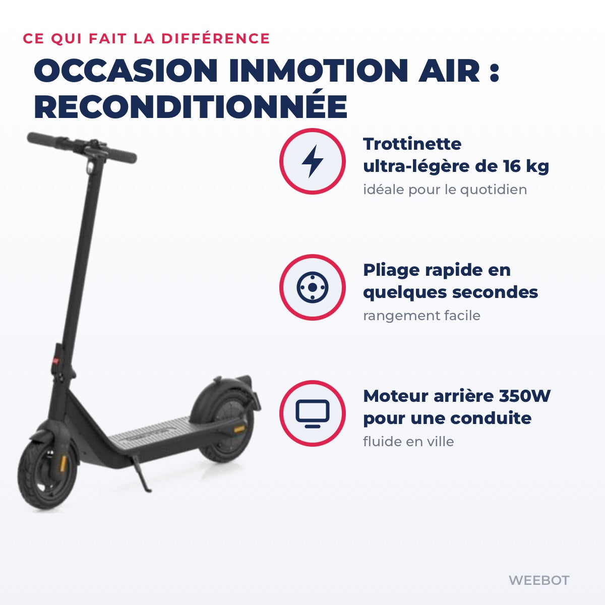 Trottinette Électrique Occasion Inmotion Air : Reconditionnée — points forts : Trottinette ultra-légère de 16 kg