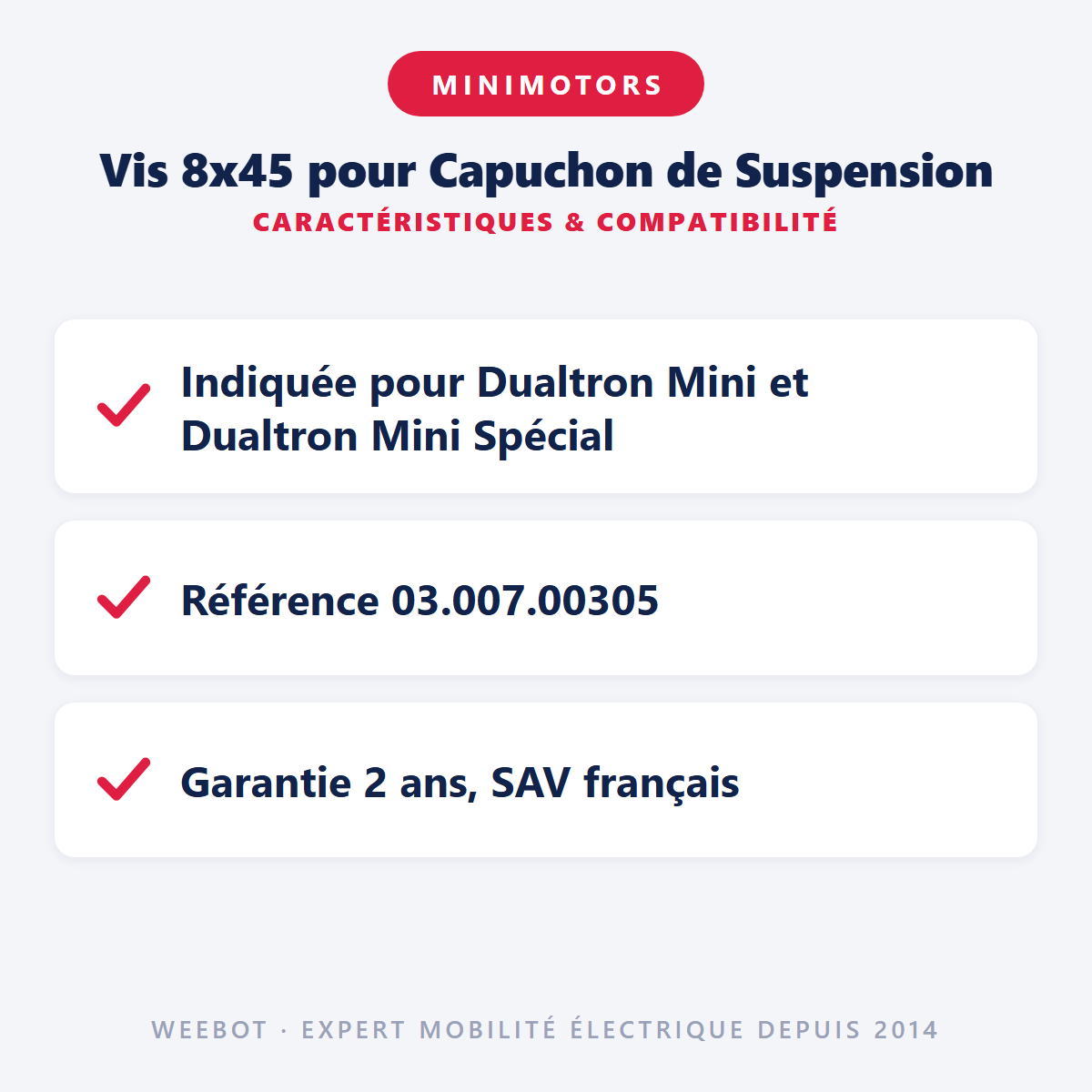 Vis 8x45 pour Capuchon de Suspension : caractéristiques et compatibilité