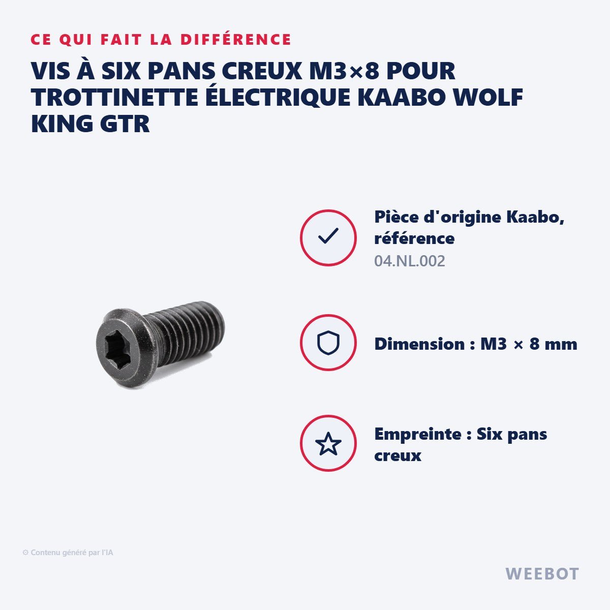 Vis à Six Pans Creux M3×8 pour Trottinette Électrique Kaabo Wolf King GTR - Weebot