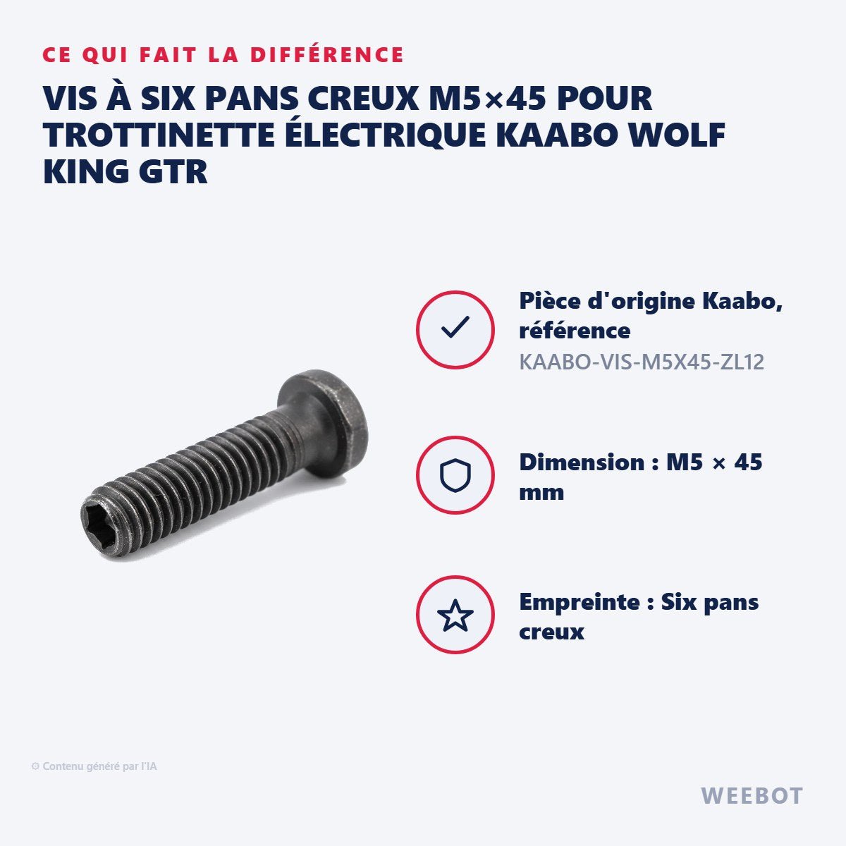 Vis à Six Pans Creux M5×45 pour Trottinette Électrique Kaabo Wolf King GTR - Weebot