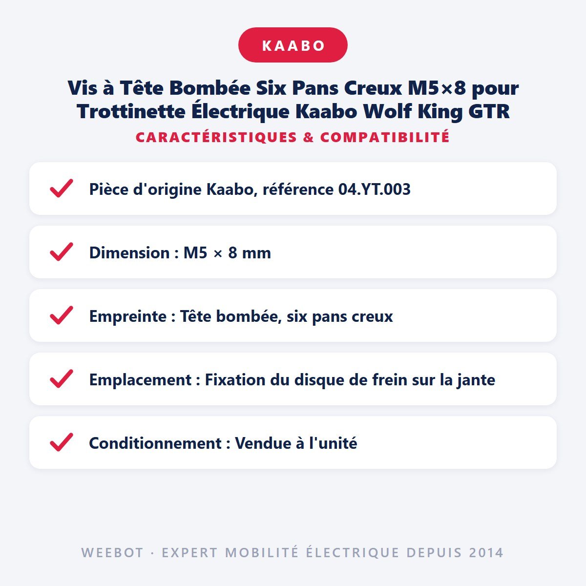 Vis à Tête Bombée Six Pans Creux M5×8 pour Trottinette Électrique Kaabo Wolf King GTR - Weebot