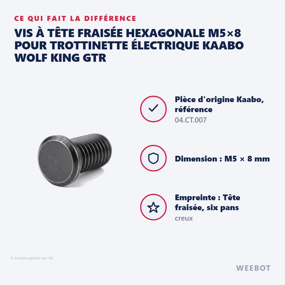 Vis à Tête Fraisée Hexagonale M5×8 pour Trottinette Électrique Kaabo Wolf King GTR - Weebot