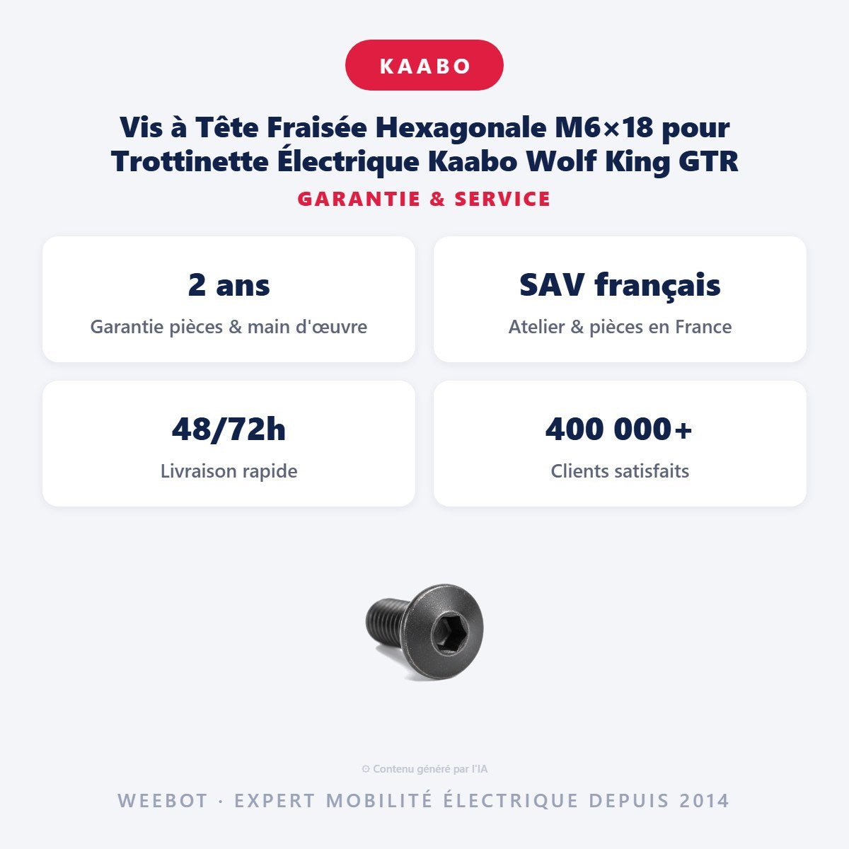 Vis à Tête Fraisée Hexagonale M6×18 pour Trottinette Électrique Kaabo Wolf King GTR - Weebot