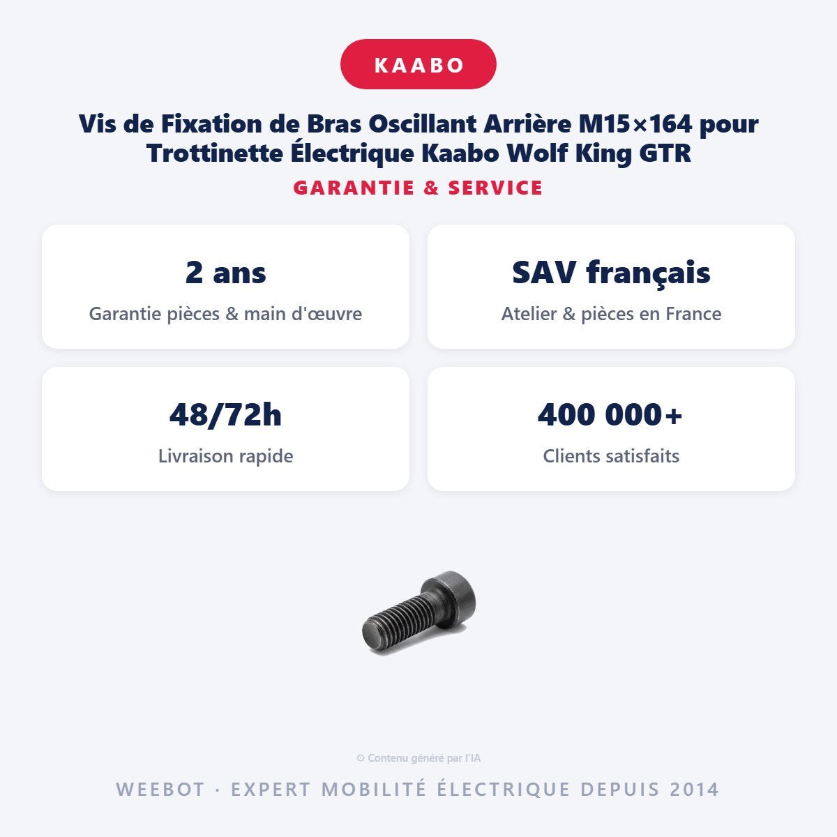 Vis de Fixation de Bras Oscillant Arrière M15×164 pour Trottinette Électrique Kaabo Wolf King GTR - Weebot