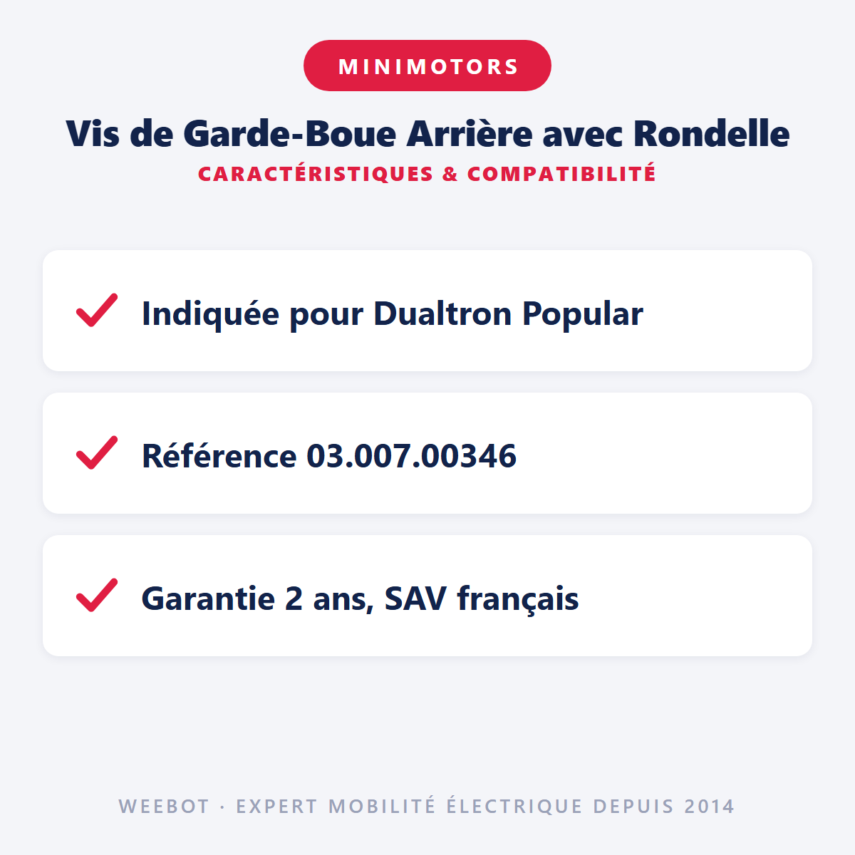 Vis de Garde-Boue Arrière avec Rondelle : caractéristiques et compatibilité