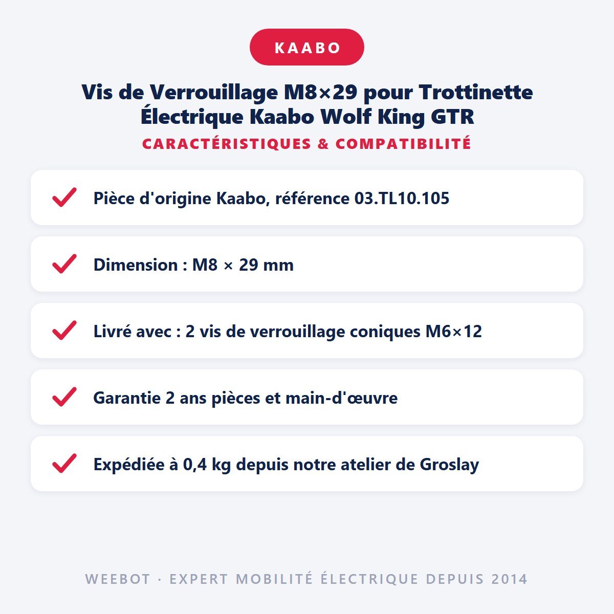 Vis de Verrouillage M8×29 pour Trottinette Électrique Kaabo Wolf King GTR - Weebot