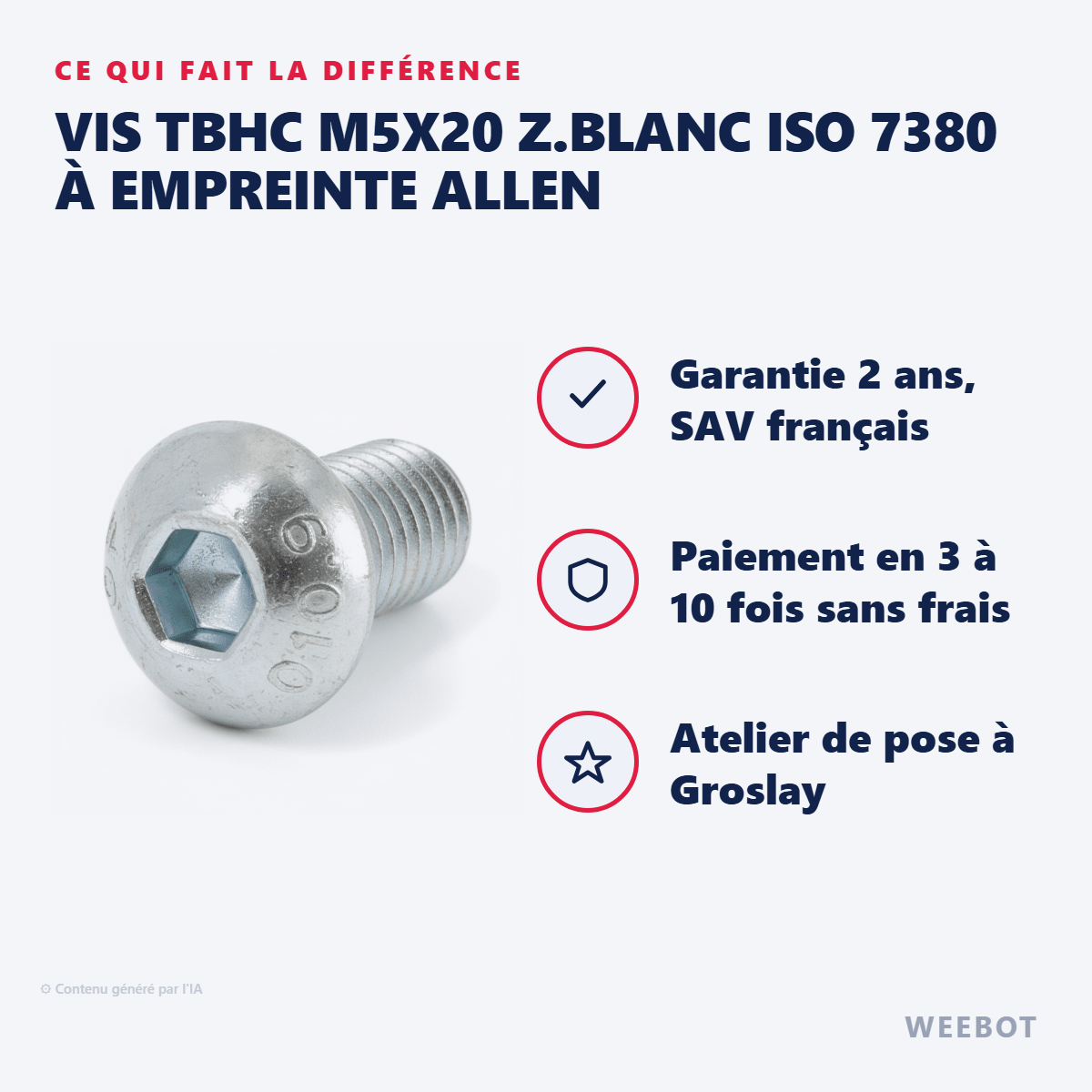 Vis TBHC M5X20 Z.BLANC ISO 7380 à Empreinte Allen (unité) - Weebot
